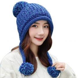 Women Winter Sherpa Beanie Hats Knit Ear Flaps Peruvian Cover Ears Pompoms HT013-Blue