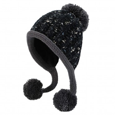 Women Winter Sherpa Beanie Hats Knit Ear Flaps Peruvian Cover Ears Fluffy Ski Snow Hat 3 Pompoms M8259-Black