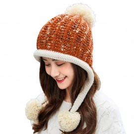 Women Winter Sherpa Beanie Hats Knit Ear Flaps Peruvian Cover Ears Fluffy Ski Snow Hat 3 Pompoms M8259-Reddish-Brown