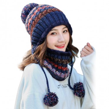 Women Winter Beanie Hat & Scarf Set, Sherpa Knit, Fleece Lined Ear Flaps M8771