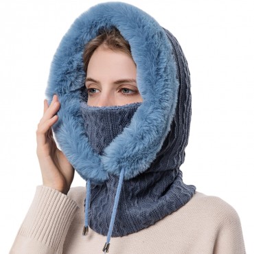 Women Winter One Piece Beanie Hat Slouchy Fleece Balaclavas Face Mask Neck Scarf Set Earmuff Ski Snow Knit Hats M9876-Blue