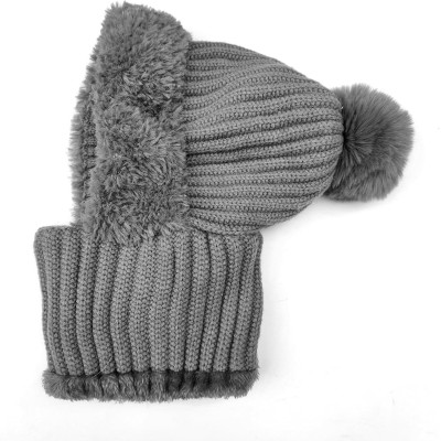 Women's winter beanie and balaclava set with fleece lining, pompom, and faux fur trim