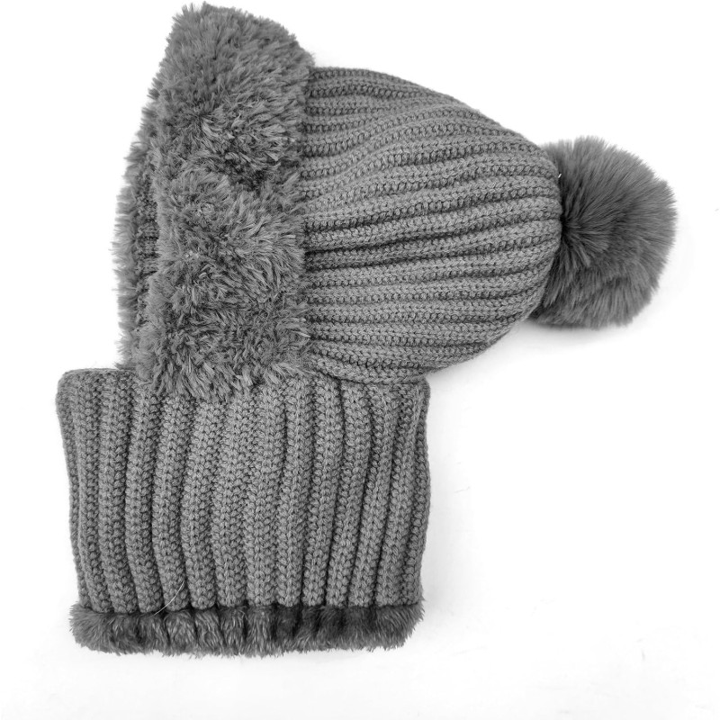 Women's winter beanie and balaclava set with fleece lining, pompom, and faux fur trim