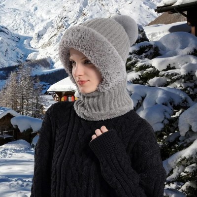 Women's winter beanie and balaclava set with fleece lining, pompom, and faux fur trim