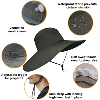 Man and woman wearing adjustable wide brim sun hat for UV protection outdoors