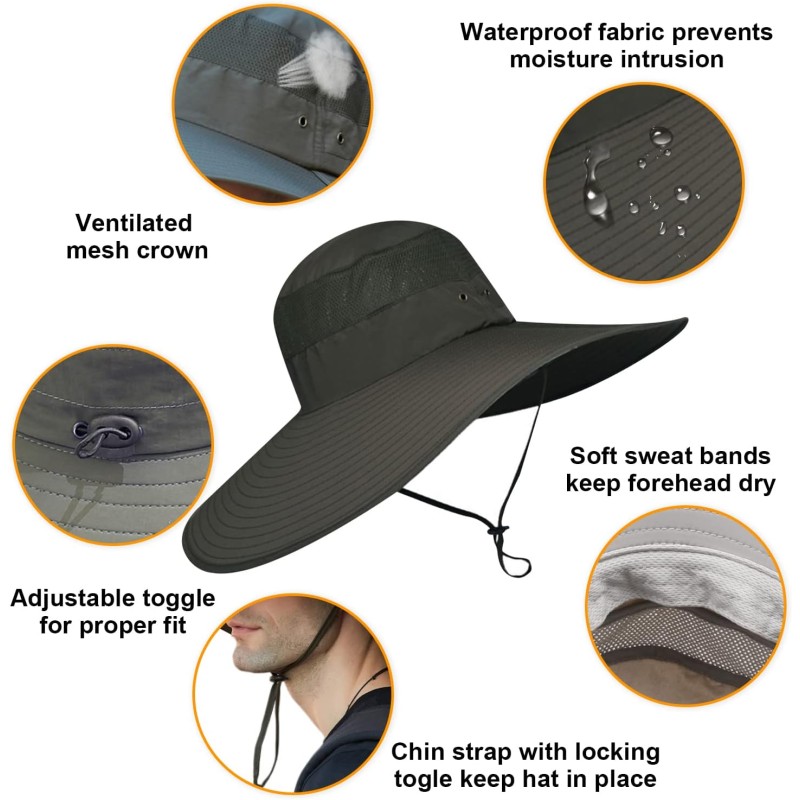 Man and woman wearing adjustable wide brim sun hat for UV protection outdoors