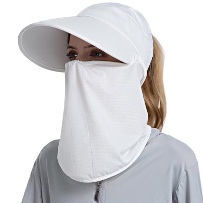 Women wearing wide brim sun hat with detachable face mask and neck flap for UV protection
