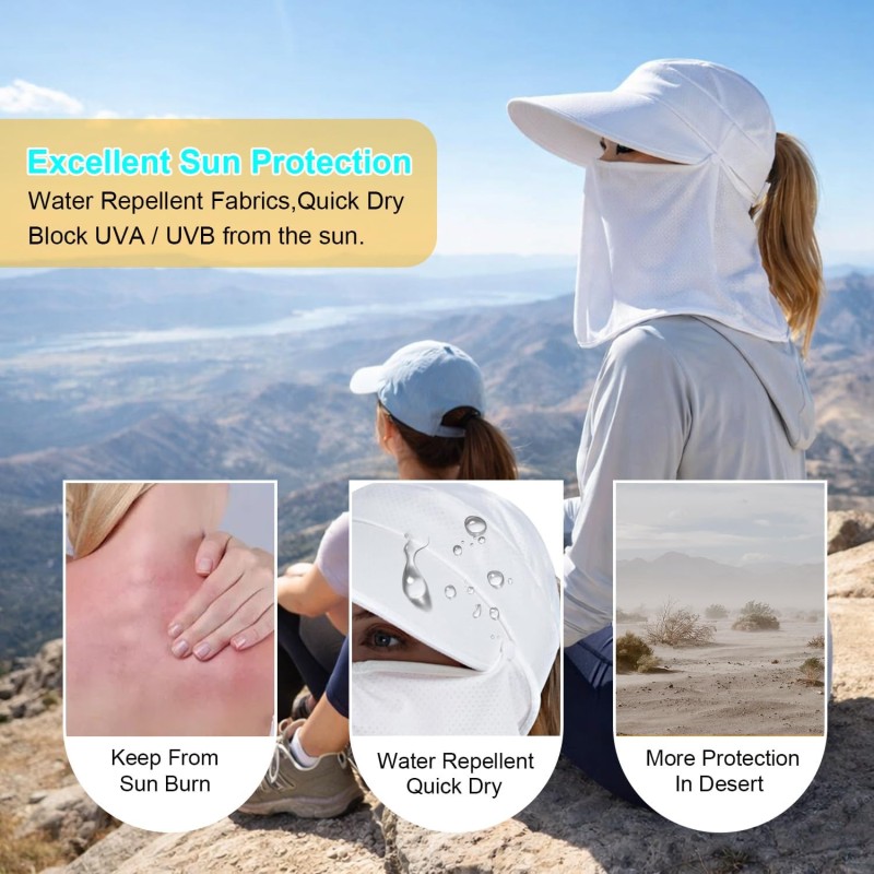 Women wearing wide brim sun hat with detachable face mask and neck flap for UV protection