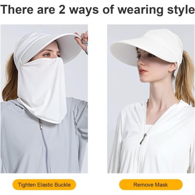 Women wearing wide brim sun hat with detachable face mask and neck flap for UV protection