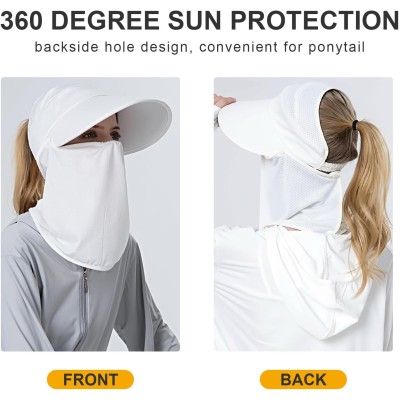 Women wearing wide brim sun hat with detachable face mask and neck flap for UV protection