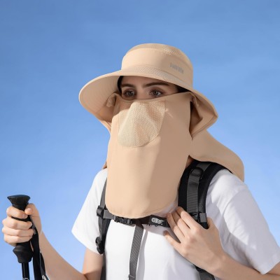 Women wearing wide brim sun hat with UPF 50+ UV protection and detachable face mask