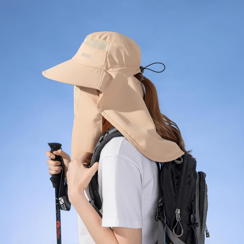 Women wearing wide brim sun hat with UPF 50+ UV protection and detachable face mask