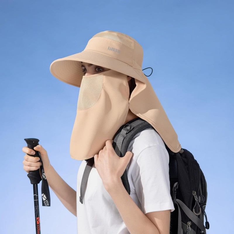 Women wearing wide brim sun hat with UPF 50+ UV protection and detachable face mask