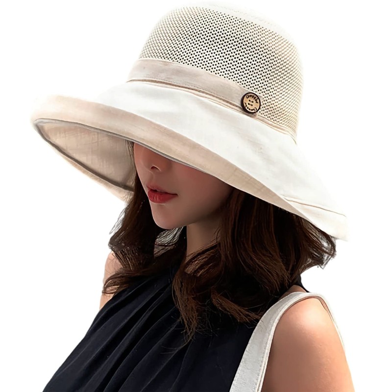Women wearing a wide brim sun hat with mesh crown, wired edge, and chin strap for UV protection outdoors