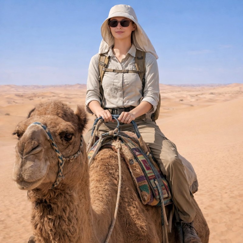 Woman wearing HUAMULAN wide brim sun hat with neck flap for UPF 50 UV protection outdoors