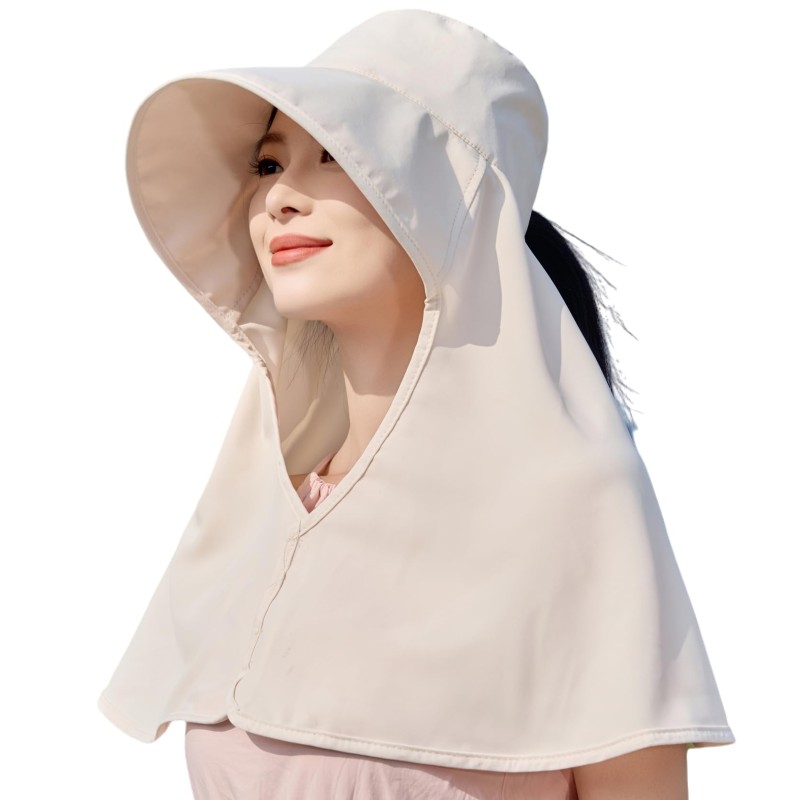 Woman wearing HUAMULAN wide brim sun hat with neck flap for UPF 50 UV protection outdoors
