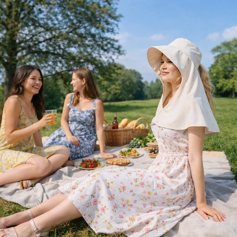 Woman wearing HUAMULAN wide brim sun hat with neck flap for UPF 50 UV protection outdoors