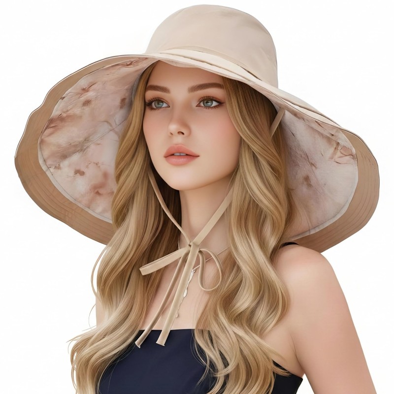 Woman wearing reversible wide brim sun hat with metal wired edge at beach