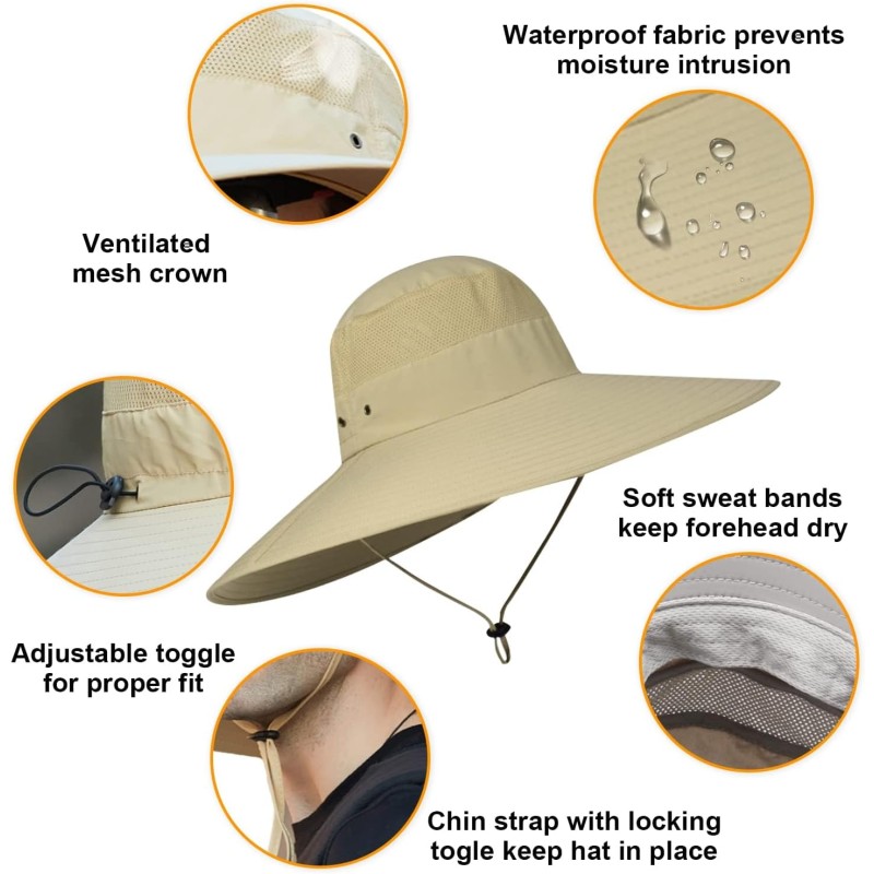 Man and woman wearing adjustable water-resistant wide brim sun hat with UV protection
