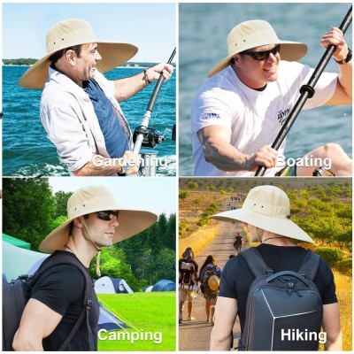 Man and woman wearing adjustable water-resistant wide brim sun hat with UV protection