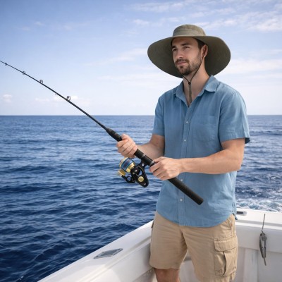Man wearing super wide brim unisex bucket hat with UPF 50+ protection while fishing outdoors