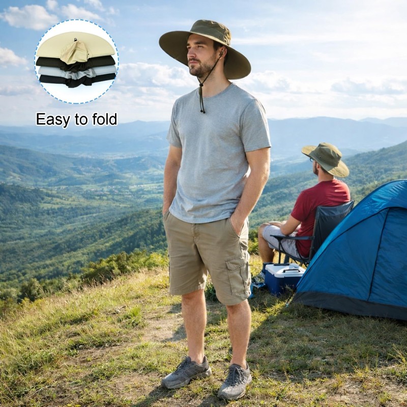 Man wearing super wide brim unisex bucket hat with UPF 50+ protection while fishing outdoors