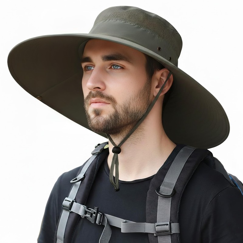Man wearing super wide brim unisex bucket hat with UPF 50+ protection while fishing outdoors
