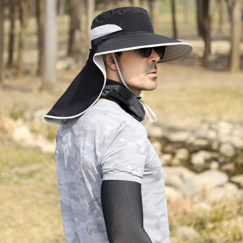 Woman wearing UPF 50+ sun hat with neck flap while hiking