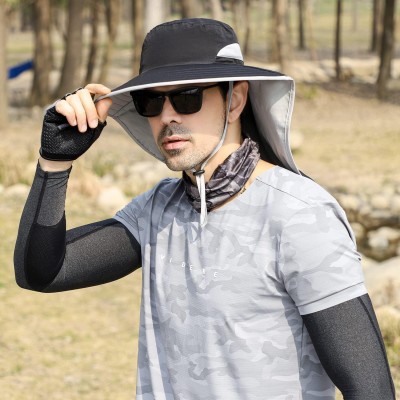 Woman wearing UPF 50+ sun hat with neck flap while hiking