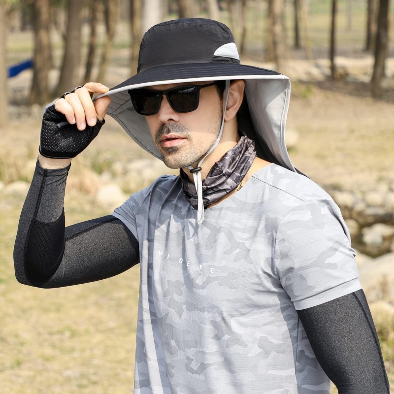 Woman wearing UPF 50+ sun hat with neck flap while hiking