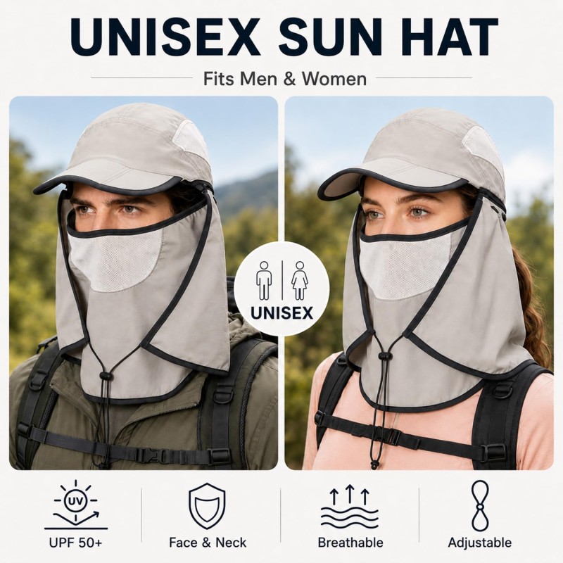 Women's Wide Brim Sun Hat with Detachable Neck Flap & UV Protection Women wearing wide brim sun hat with detachable neck flap for UV protection outdoors