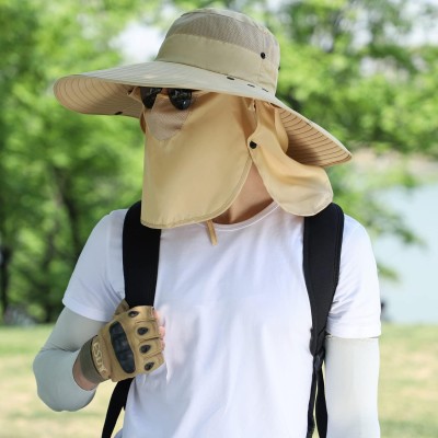 Women wearing a wide brim sun hat with detachable face and neck flap for UV protection outdoors