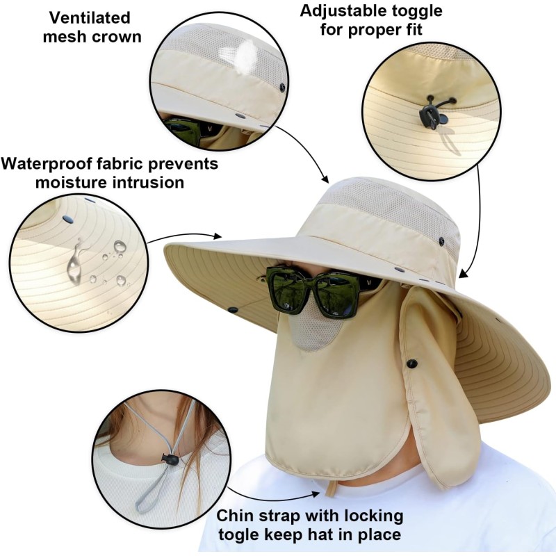 Women wearing a wide brim sun hat with detachable face and neck flap for UV protection outdoors