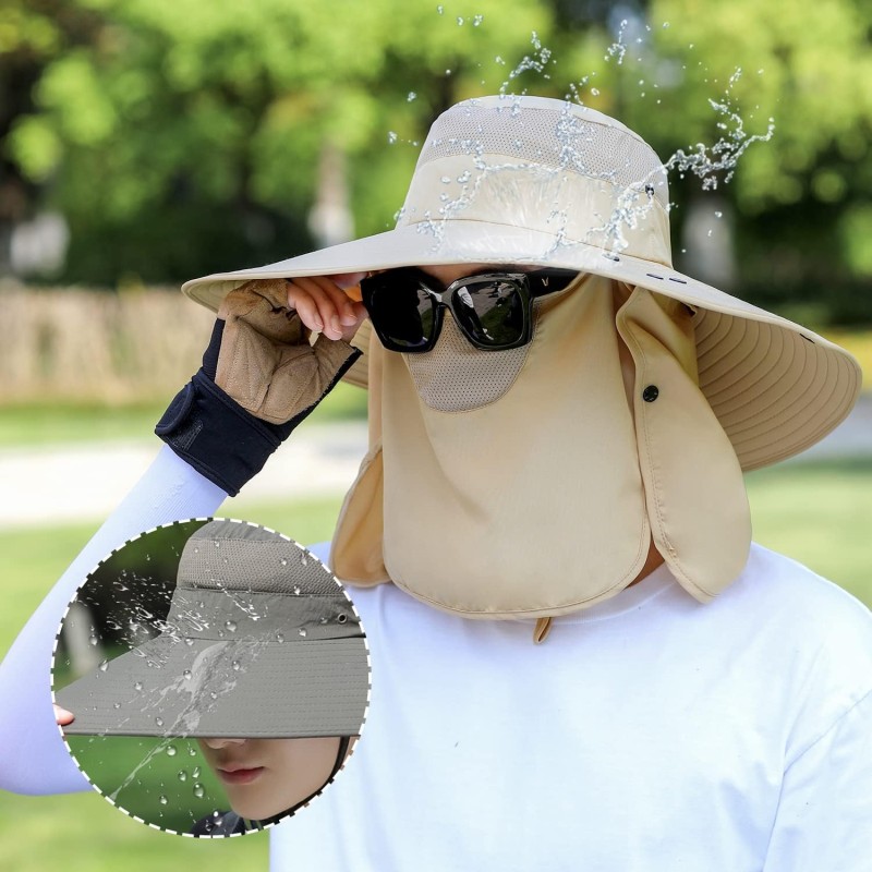 Women wearing a wide brim sun hat with detachable face and neck flap for UV protection outdoors