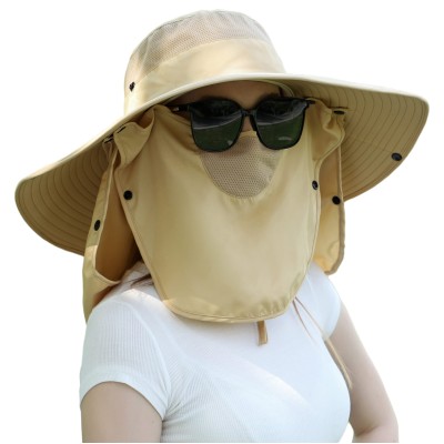 Women wearing a wide brim sun hat with detachable face and neck flap for UV protection outdoors