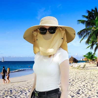 Women wearing a wide brim sun hat with detachable face and neck flap for UV protection outdoors
