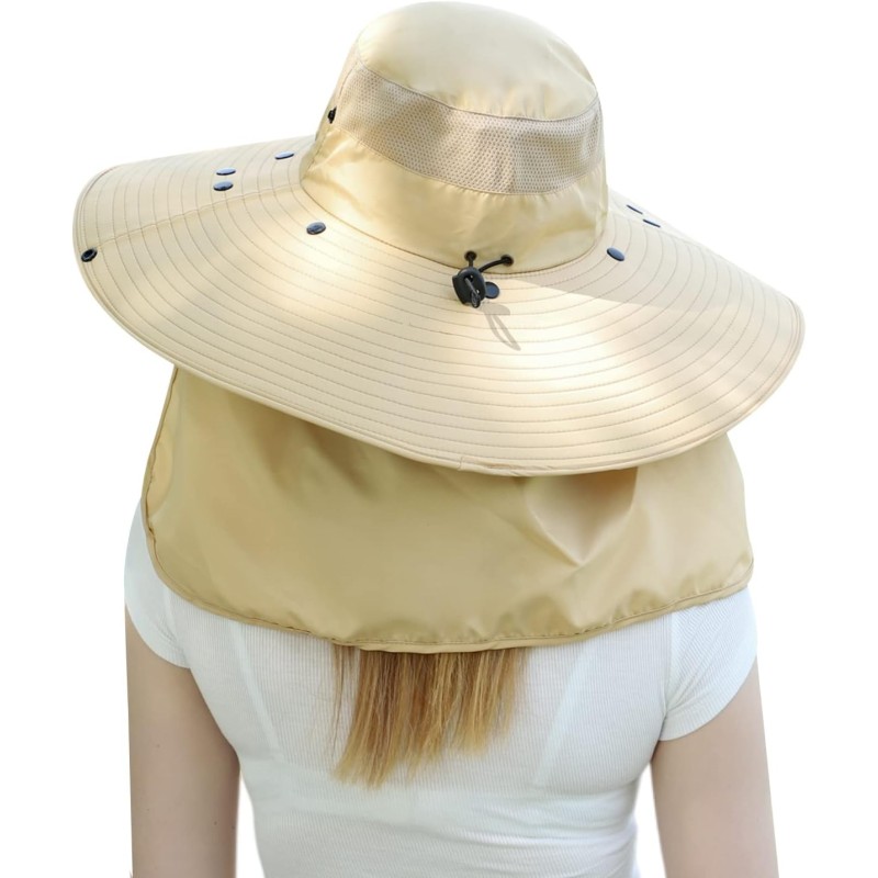 Women wearing a wide brim sun hat with detachable face and neck flap for UV protection outdoors