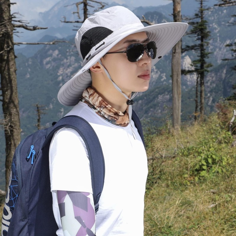 Men and women wearing wide brim bucket hat with UV protection and water repellent fabric for fishing hiking and beach