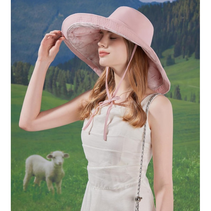 Reversible wide brim sun hat for women with UV protection, foldable and packable for beach