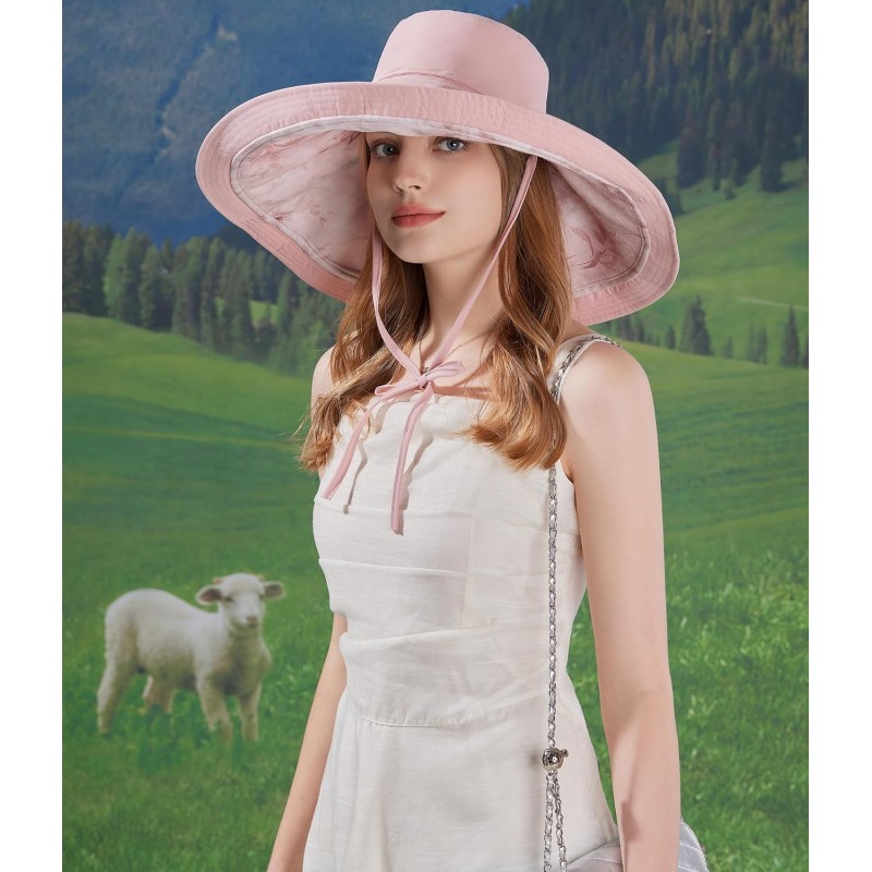 Reversible wide brim sun hat for women with UV protection, foldable and packable for beach
