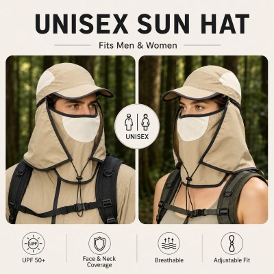 Women's UPF 50+ wide brim sun hat with detachable neck flap and ponytail hole for full coverage