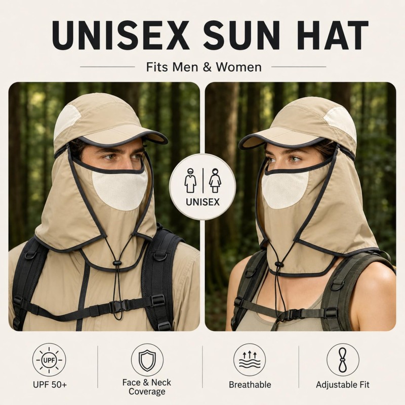 Women's UPF 50+ wide brim sun hat with detachable neck flap and ponytail hole for full coverage