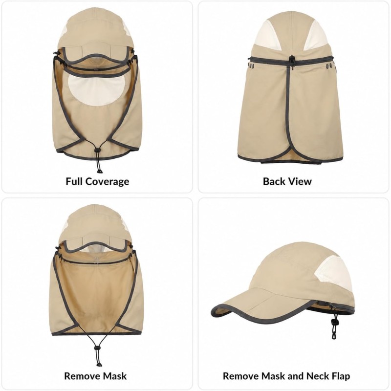 Women's UPF 50+ wide brim sun hat with detachable neck flap and ponytail hole for full coverage