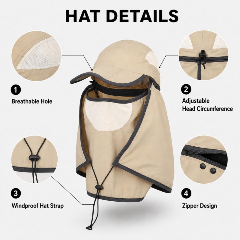 Women's UPF 50+ wide brim sun hat with detachable neck flap and ponytail hole for full coverage
