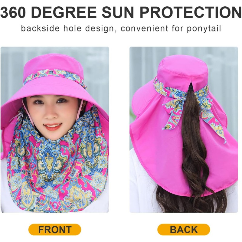 Women Wide Brim Sun Hat with Detachable Face Flap & UV Protection Women wearing wide brim sun hat with detachable face flap for UV protection outdoors