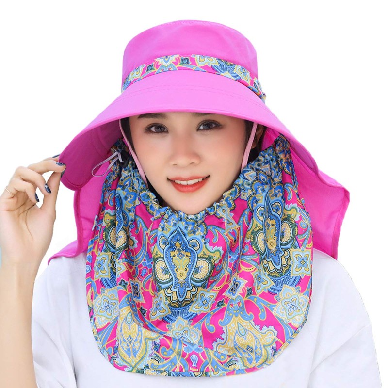 Women Wide Brim Sun Hat with Detachable Face Flap & UV Protection Women wearing wide brim sun hat with detachable face flap for UV protection outdoors