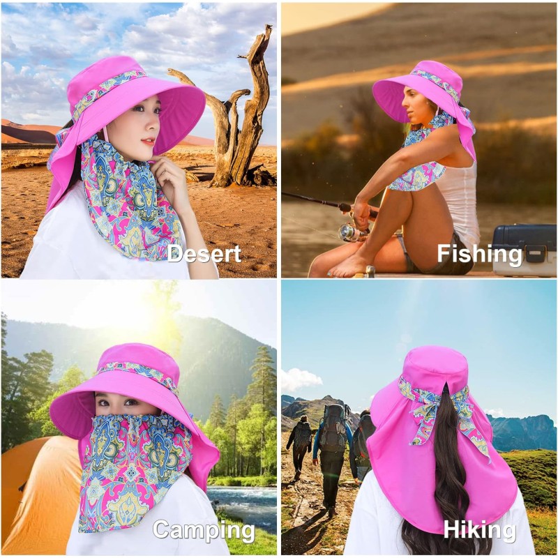 Women Wide Brim Sun Hat with Detachable Face Flap & UV Protection Women wearing wide brim sun hat with detachable face flap for UV protection outdoors