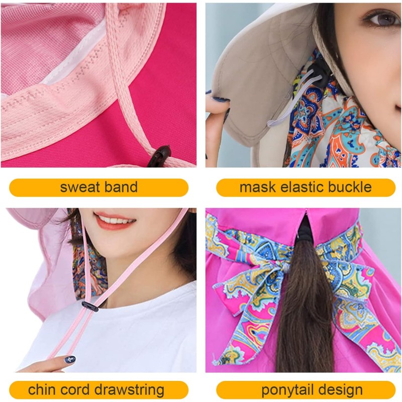 Women Wide Brim Sun Hat with Detachable Face Flap & UV Protection Women wearing wide brim sun hat with detachable face flap for UV protection outdoors