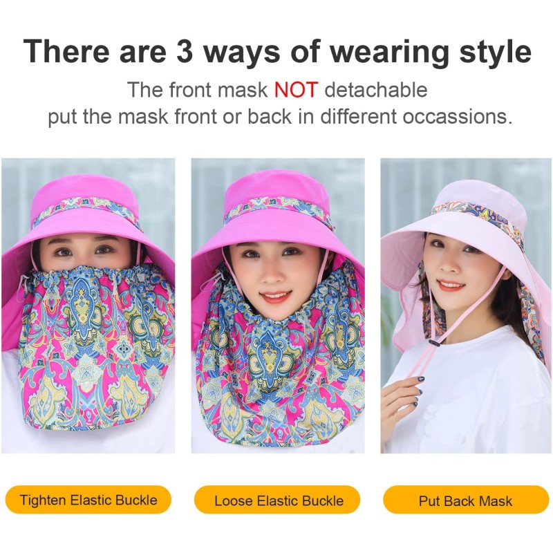 Women Wide Brim Sun Hat with Detachable Face Flap & UV Protection Women wearing wide brim sun hat with detachable face flap for UV protection outdoors