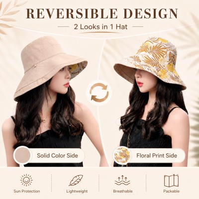 Woman wearing a wide brim reversible sun hat with UV protection